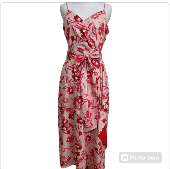Badgley Mischka Floral Print Sweetheart Neck Sleeveless Lined Satin Midi Dress - Picture 4 of 16